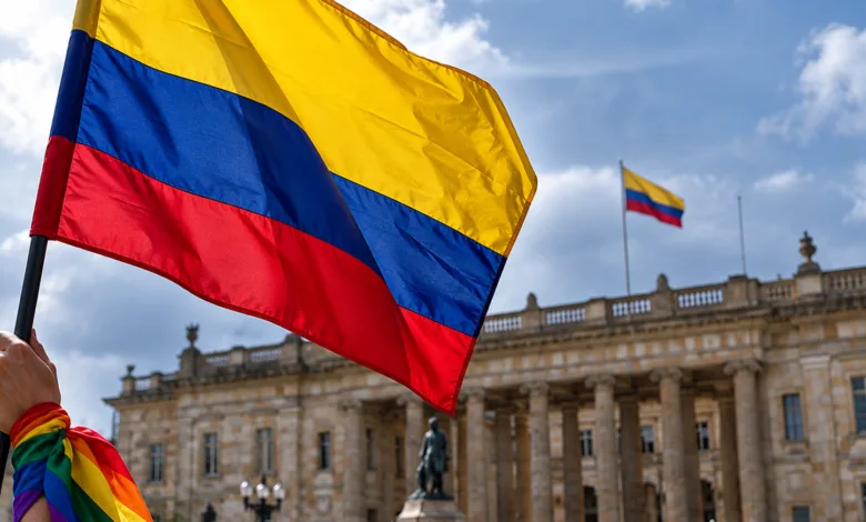 Bandeira com as cores do arco-iris representando os direitos LGBT+
