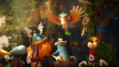 Cena de Rayman Legends Retold com personagens coloridos da Ubisoft.