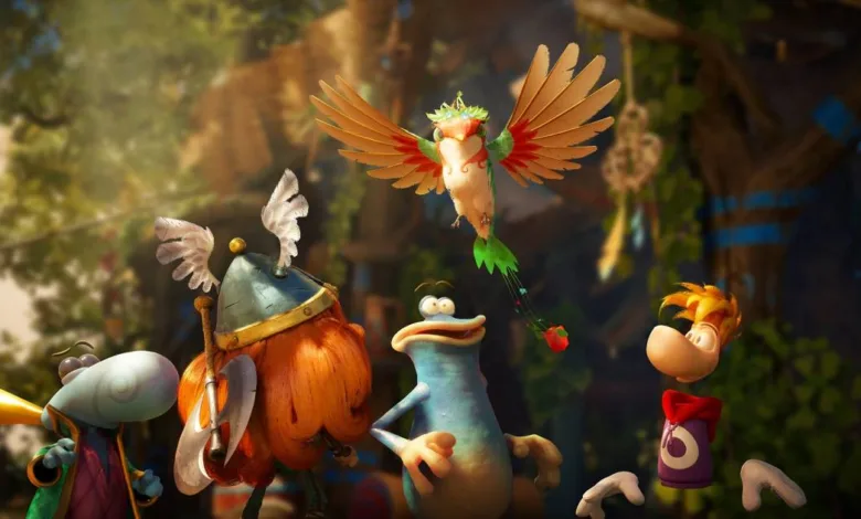 Cena de Rayman Legends Retold com personagens coloridos da Ubisoft.