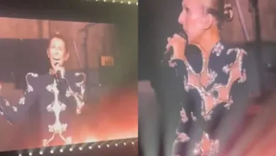 Céline Dion cantando em seu retorno aos palcos
