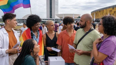 Urna eletrônica e bandeira com as cores do arco-iris representando as Eleições 2026