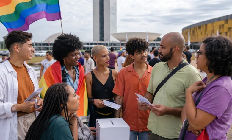 Urna eletrônica e bandeira com as cores do arco-iris representando as Eleições 2026