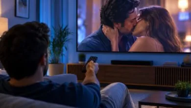 Aparelho de televisão ligado em ambiente interno.