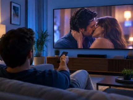 Aparelho de televisão ligado em ambiente interno.